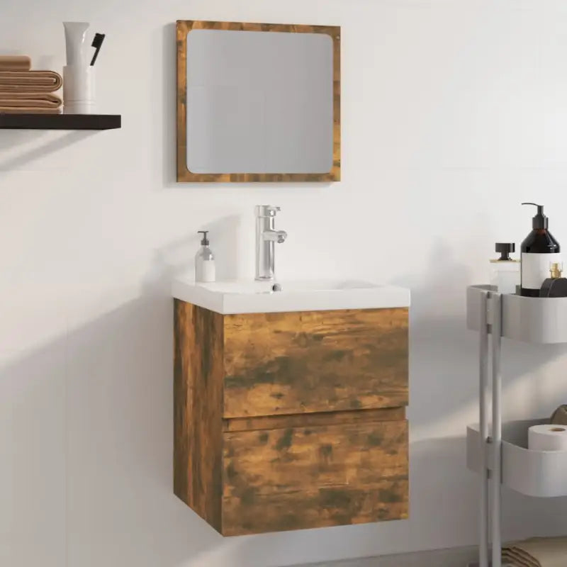 Badekamermeubelset met bewerkt hout en perfecte pasvorm - Gerookt eiken / 41 x 38.5 x 45 cm / met kraan