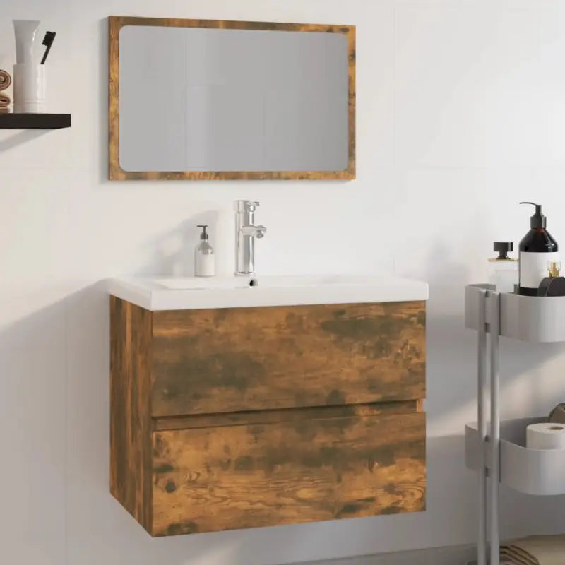 Badekamermeubelset met bewerkt hout en perfecte pasvorm - Gerookt eiken / 60 x 38.5 x 45 cm / met kraan