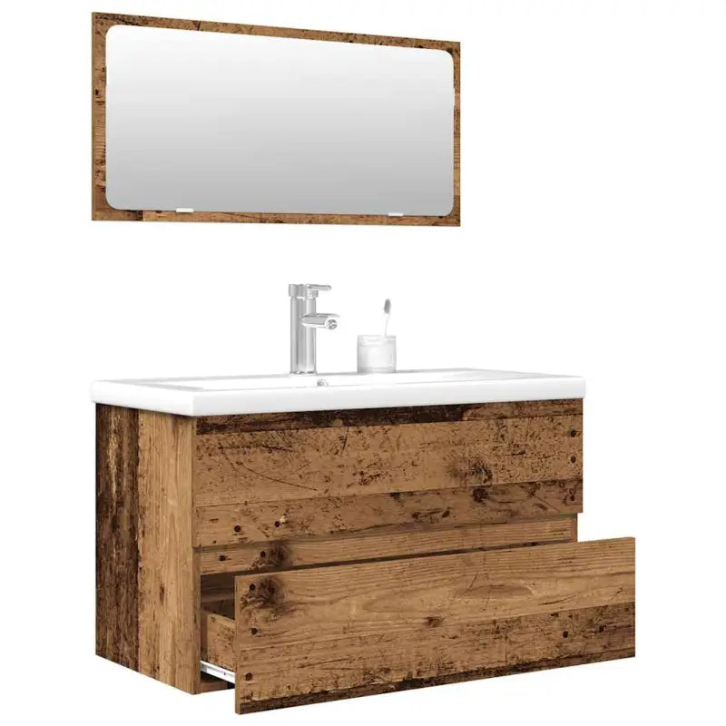 Badekamermeubelset met bewerkt hout en perfecte pasvorm - Oud hout / 80 x 38.5 x 45 cm / met kraan - Badkamermeubelsets