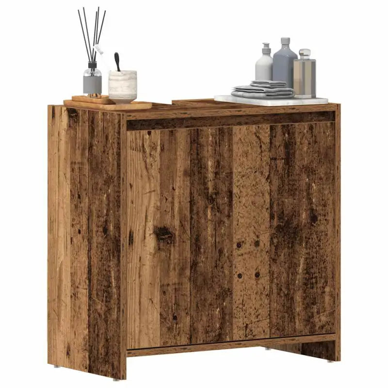 Badekamermeubelset met hoogglans wit en bewerkt hout voor extra opbergruimte - Oud hout - Badkamermeubelsets