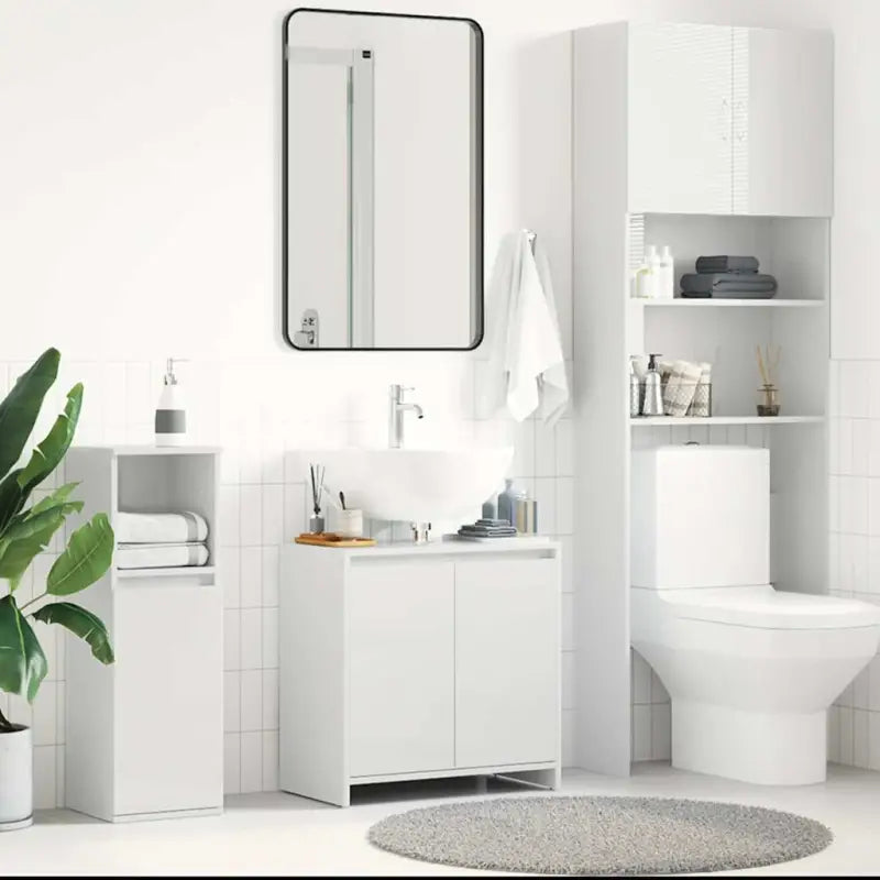 Badekamermeubelset met hoogglans wit en bewerkt hout voor extra opbergruimte - Badkamermeubelsets
