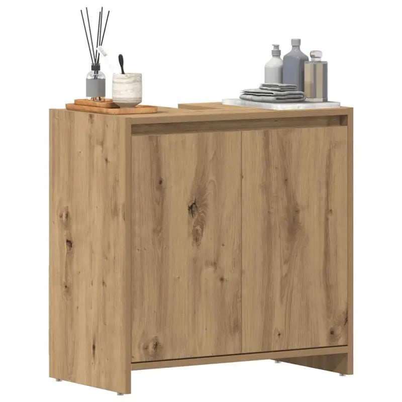 Badekamermeubelset met hoogglans wit en bewerkt hout voor extra opbergruimte - artisanaal eikenkleurig