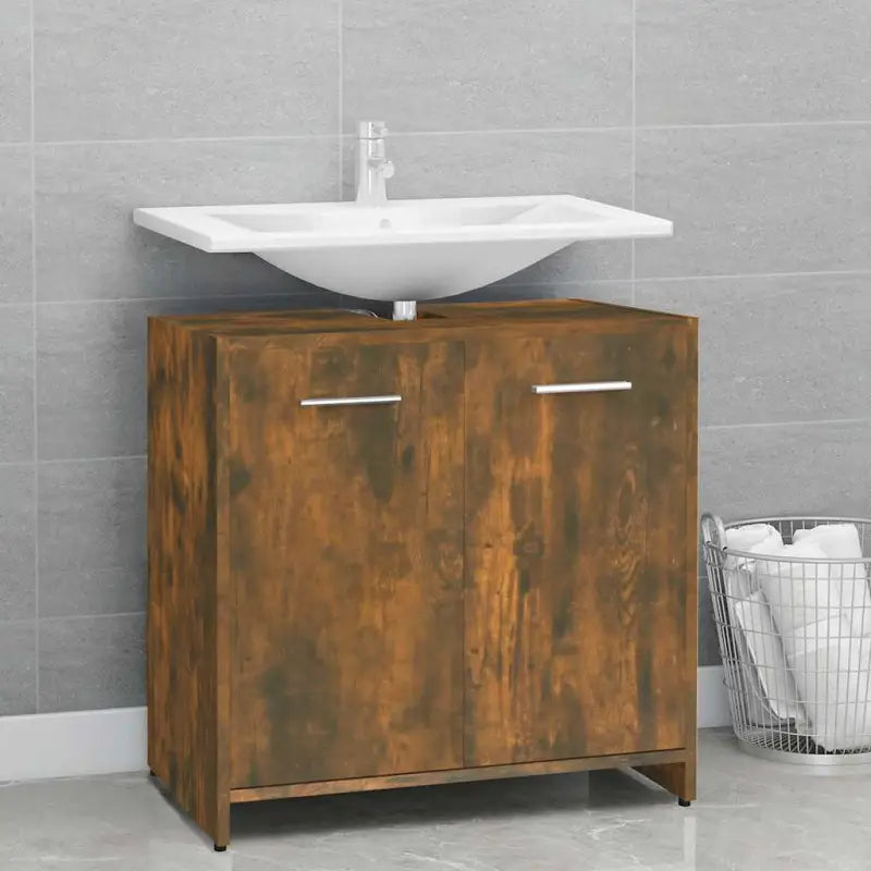 Badekamermeubelset met stevige bewerkt hout voor extra opbergruimte - Gerookt eiken - Badkamermeubelsets