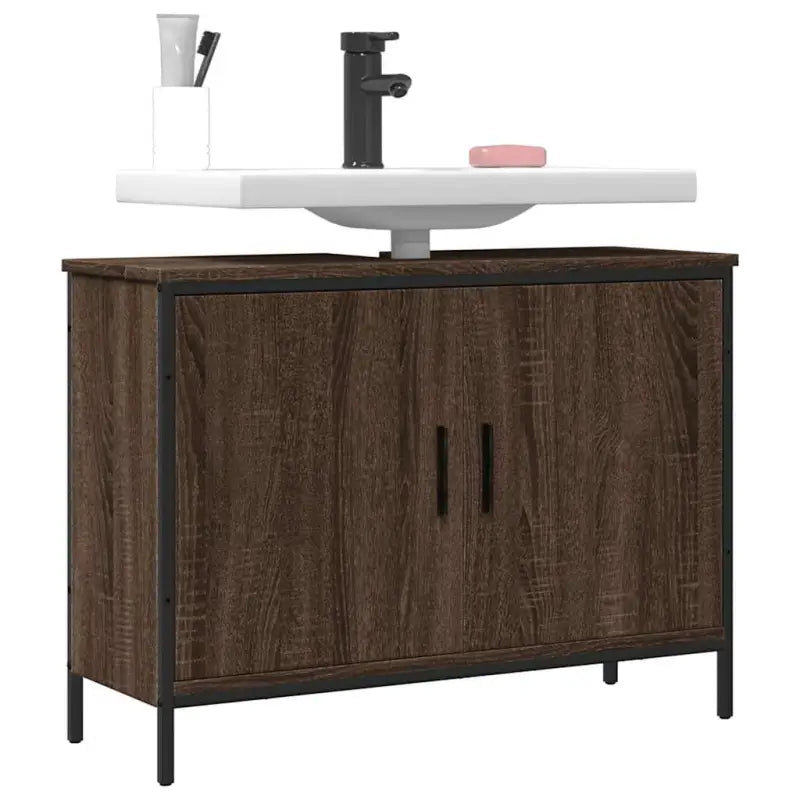 Badkamerkaptafel in grijs sonoma met bewerkt hout en stevige constructie - bruin eikenkleur / 80 x 30 x 60 cm / 1