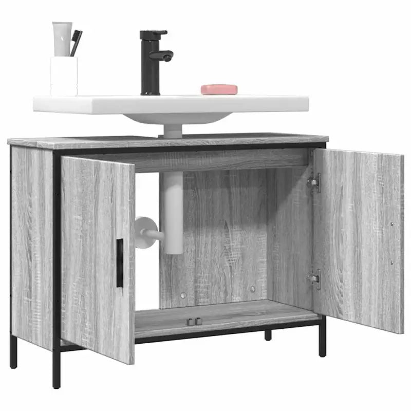 Badkamerkaptafel in grijs sonoma met bewerkt hout en stevige constructie - Badkamerkaptafels