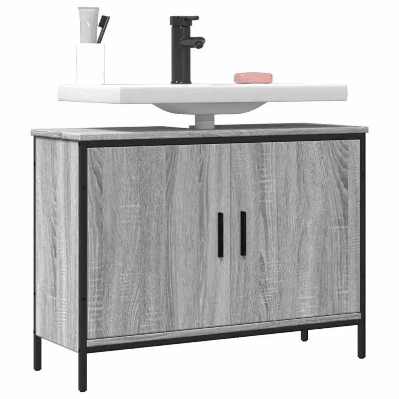 Badkamerkaptafel in grijs sonoma met bewerkt hout en stevige constructie - Badkamerkaptafels