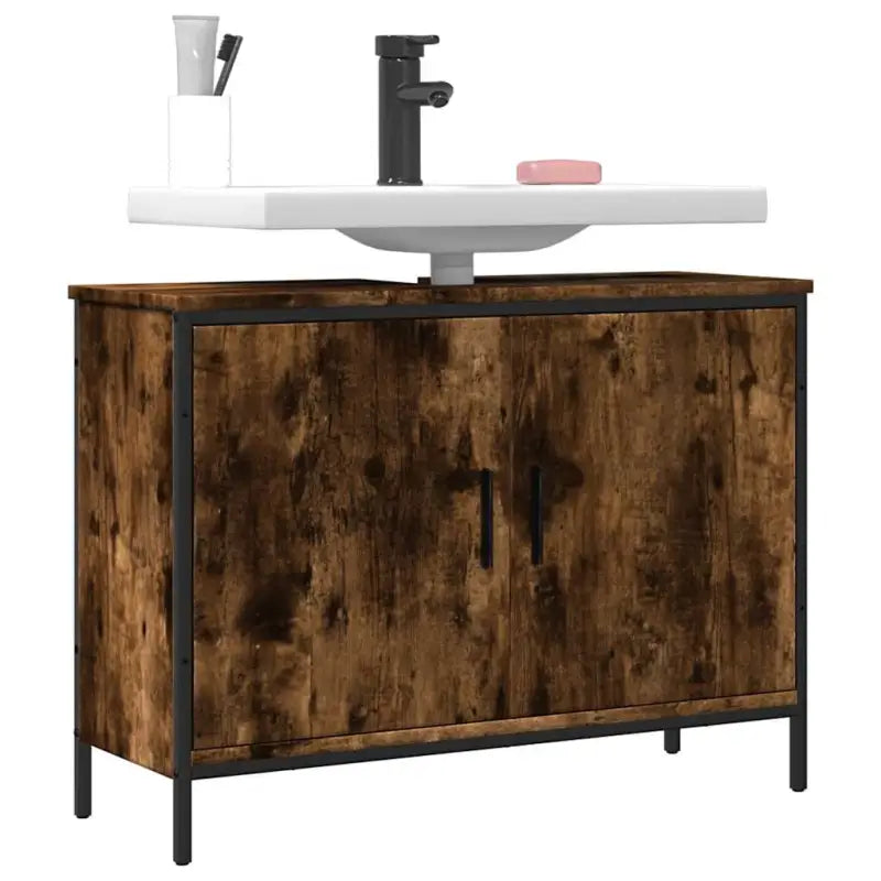 Badkamerkaptafel in grijs sonoma met bewerkt hout en stevige constructie - Gerookt eiken / 80 x 30 x 60 cm / 1