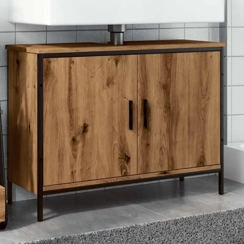 Badkamerkaptafel in grijs sonoma met bewerkt hout en stevige constructie - artisanaal eikenkleurig / 80 x 30 x 60 cm