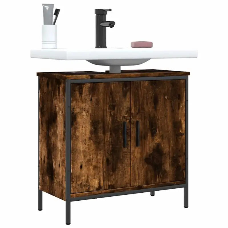 Badkamerkaptafel in grijs sonoma met bewerkt hout en stevige constructie - Gerookt eiken / 60 x 30 x 60 cm / 1