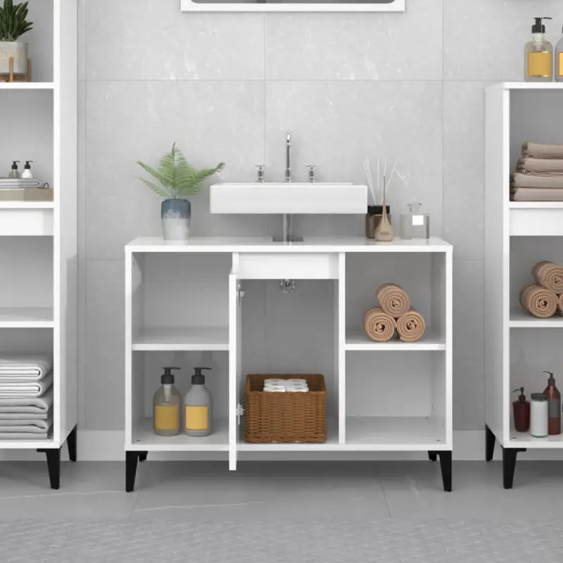 Badkamerkaptafel in Hoogglans Wit met bewerkt hout en veel opbergruimte - Badkamerkaptafels