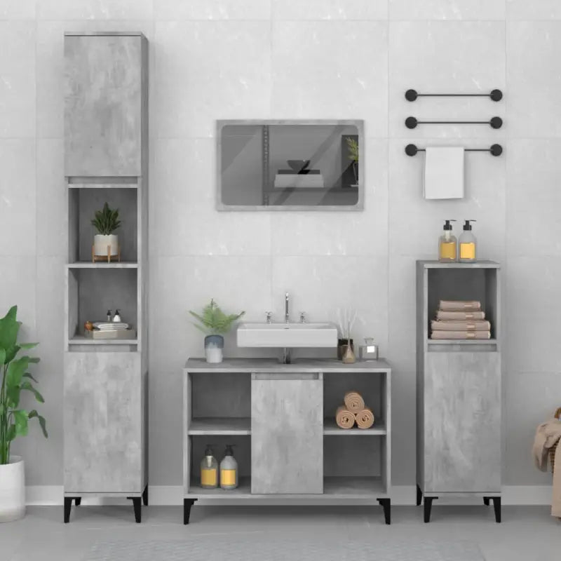 Badkamerkaptafel in Hoogglans Wit met bewerkt hout en veel opbergruimte - Betongrijs / 1 - Badkamerkaptafels