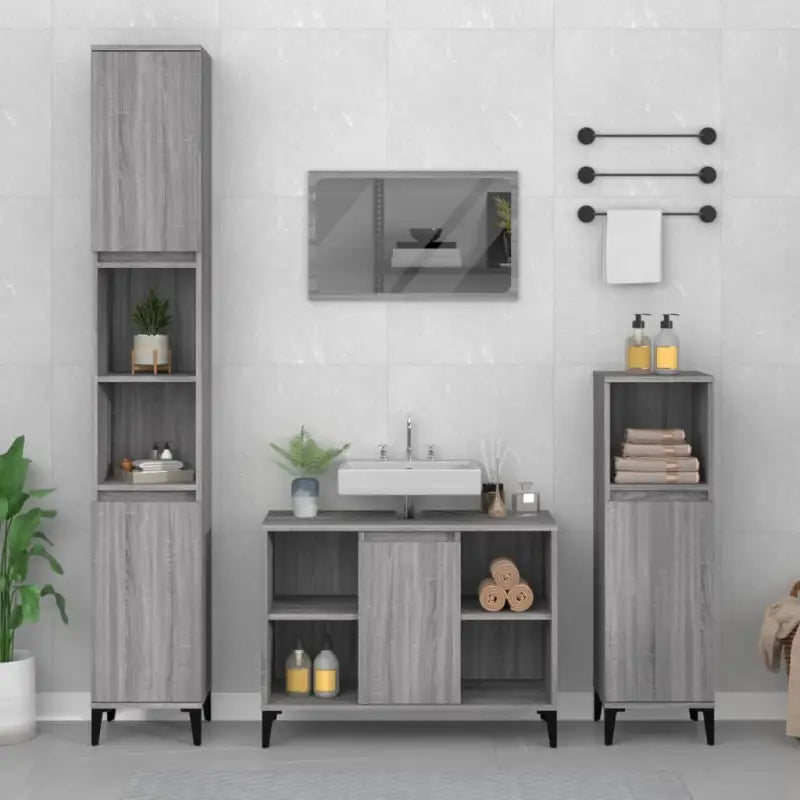 Badkamerkaptafel in Hoogglans Wit met bewerkt hout en veel opbergruimte - Grijs sonoma / 1 - Badkamerkaptafels