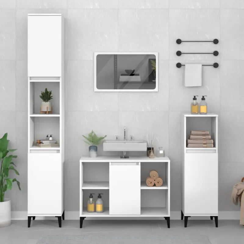 Badkamerkaptafel in Hoogglans Wit met bewerkt hout en veel opbergruimte - Wit / 1 - Badkamerkaptafels