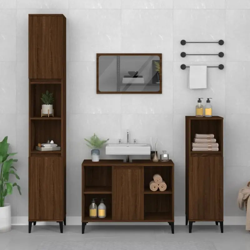 Badkamerkaptafel in Hoogglans Wit met bewerkt hout en veel opbergruimte - bruin eikenkleur / 1 - Badkamerkaptafels