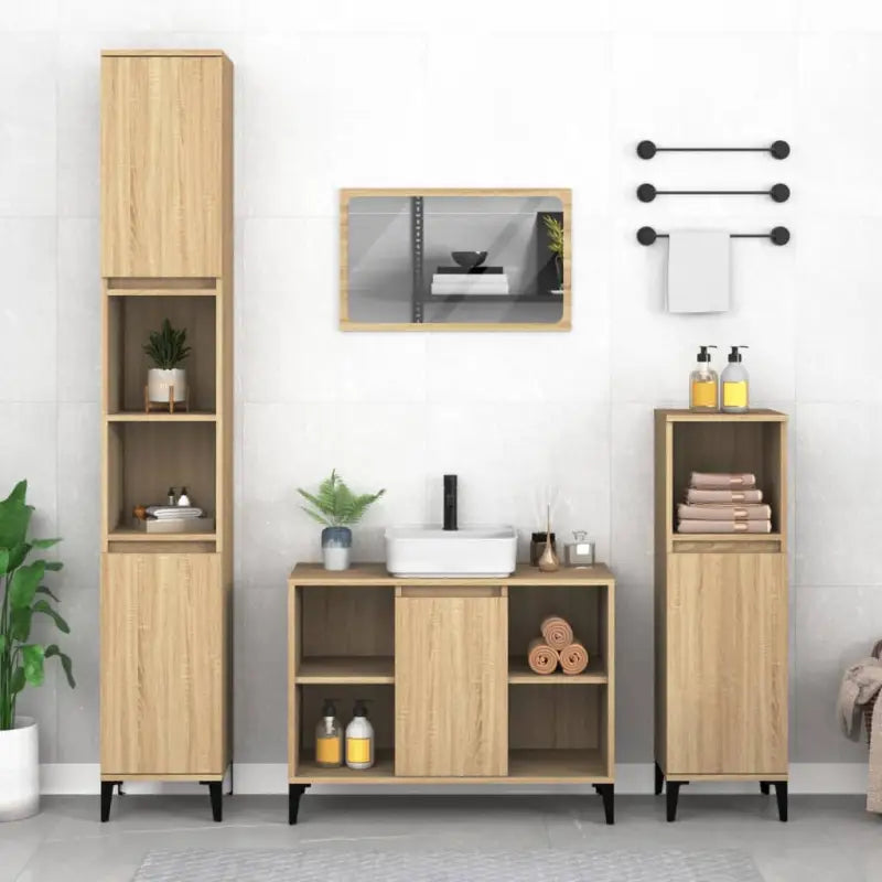 Badkamerkaptafel in Hoogglans Wit met bewerkt hout en veel opbergruimte - Sonoma eiken / 1 - Badkamerkaptafels