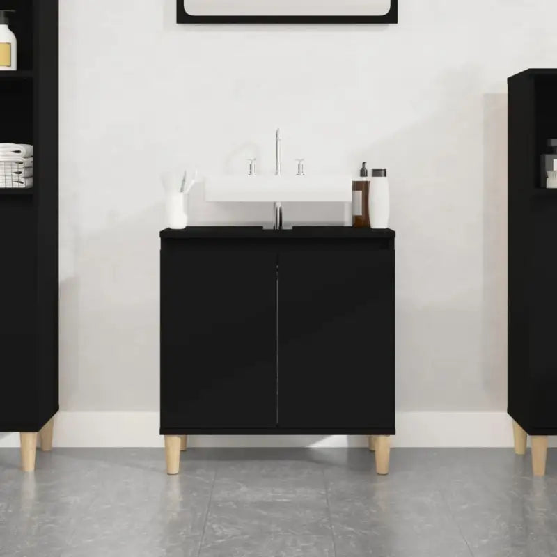 Badkamerkaptafel met bewerkt hout en houten poten voor een opgeruimde badkamer - Zwart / 1 - Badkamerkaptafels