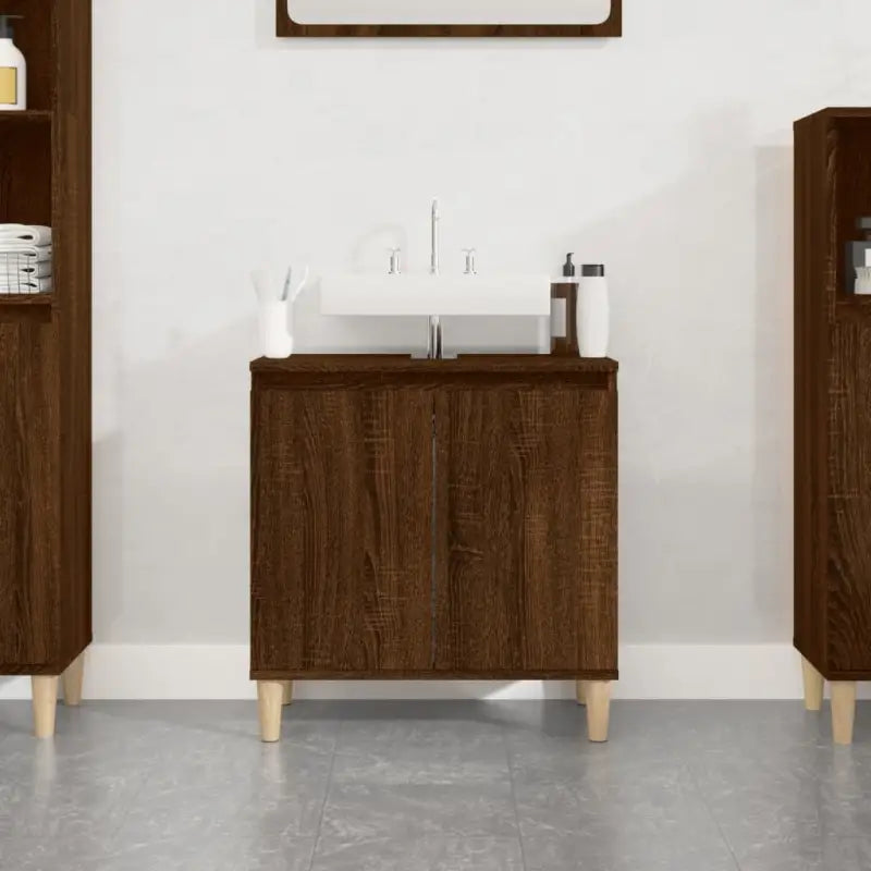 Badkamerkaptafel met bewerkt hout en houten poten voor een opgeruimde badkamer - bruin eikenkleur / 1