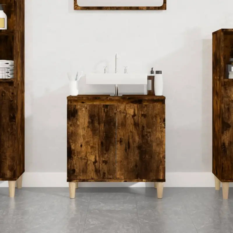 Badkamerkaptafel met bewerkt hout en houten poten voor een opgeruimde badkamer - Gerookt eiken / 1 - Badkamerkaptafels