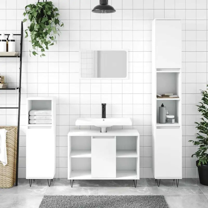 Badkamerkaptafel met ijzeren poten en bewerkt hout voor opbergruimte - Badkamerkaptafels