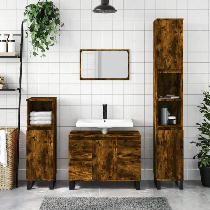 Badkamerkaptafel met ijzeren poten en bewerkt hout voor opbergruimte - Gerookt eiken / 1 - Badkamerkaptafels