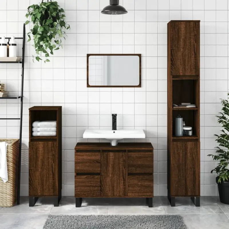 Badkamerkaptafel met ijzeren poten en bewerkt hout voor opbergruimte - bruin eikenkleur / 1 - Badkamerkaptafels