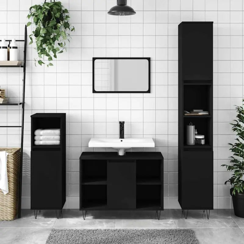 Badkamerkaptafel met ijzeren poten en bewerkt hout voor opbergruimte - Zwart / 1 - Badkamerkaptafels