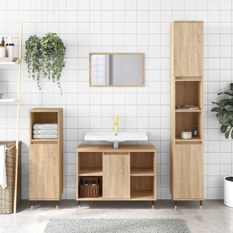 Badkamerkaptafel met ijzeren poten en bewerkt hout voor stijlvolle opbergruimte - Sonoma eiken / 1 - Badkamerkaptafels