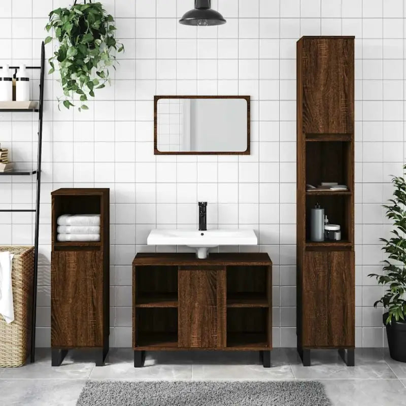 Badkamerkaptafel met ijzeren poten en bewerkt hout voor stijlvolle opbergruimte - bruin eikenkleur / 1