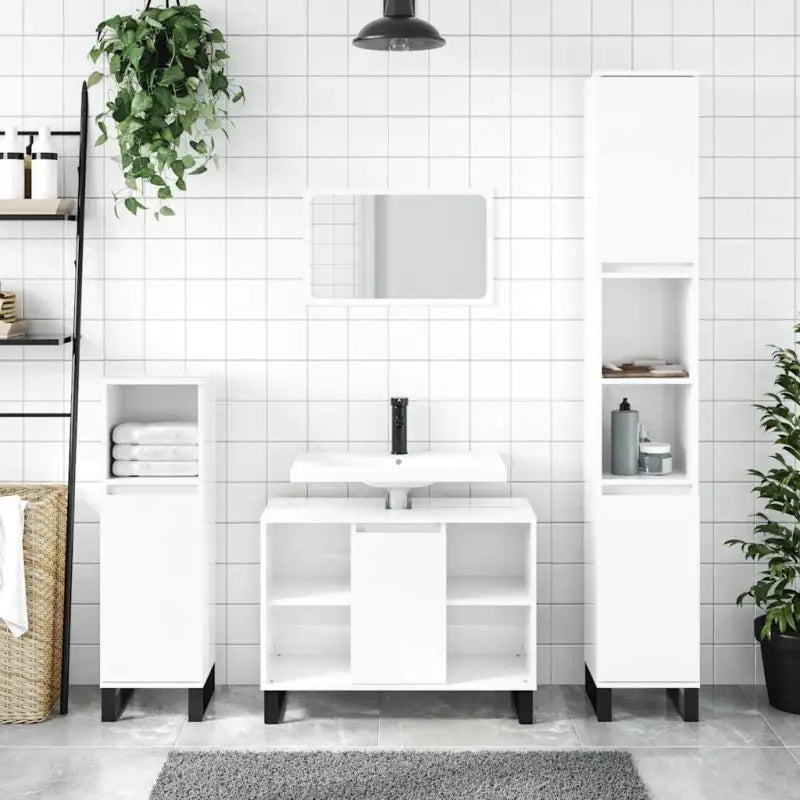 Badkamerkaptafel met ijzeren poten en bewerkt hout voor stijlvolle opbergruimte - Hoogglans wit / 1 - Badkamerkaptafels