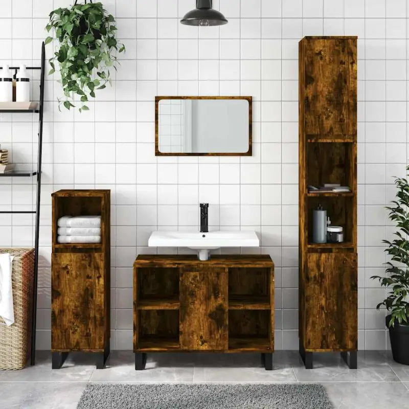 Badkamerkaptafel met ijzeren poten en bewerkt hout voor stijlvolle opbergruimte - Gerookt eiken / 1 - Badkamerkaptafels