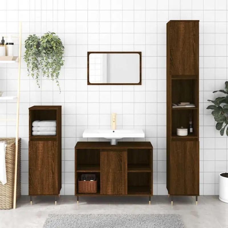 Badkamerkaptafel met ijzeren poten en bewerkt hout voor stijlvolle opbergruimte - bruin eikenkleur / 1