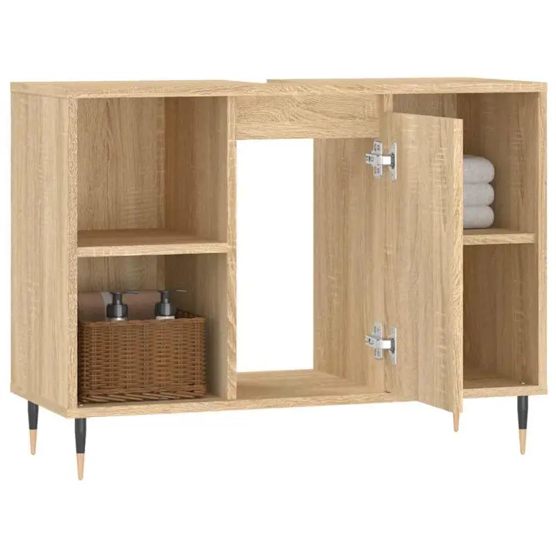 Badkamerkaptafel met ijzeren poten en bewerkt hout voor stijlvolle opbergruimte - Badkamerkaptafels