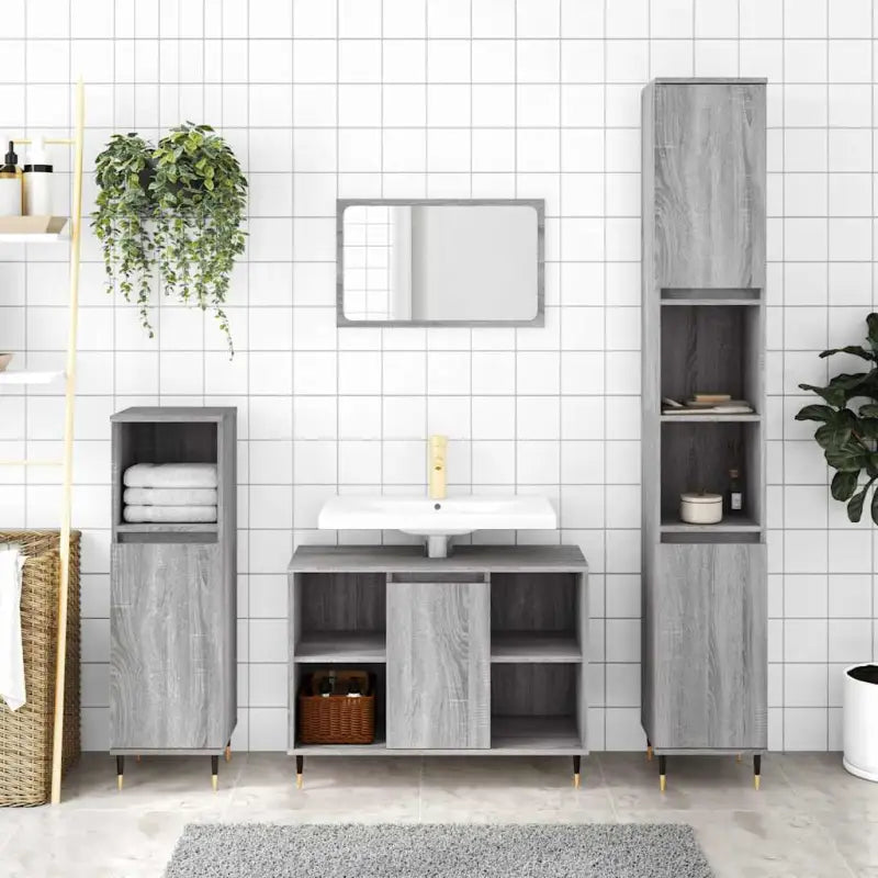Badkamerkaptafel met ijzeren poten en bewerkt hout voor stijlvolle opbergruimte - Grijs sonoma / 1 - Badkamerkaptafels
