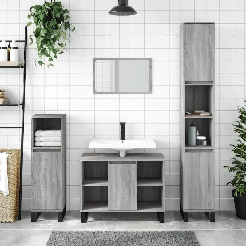 Badkamerkaptafel met ijzeren poten en bewerkt hout voor stijlvolle opbergruimte - Grijs sonoma / 1 - Badkamerkaptafels