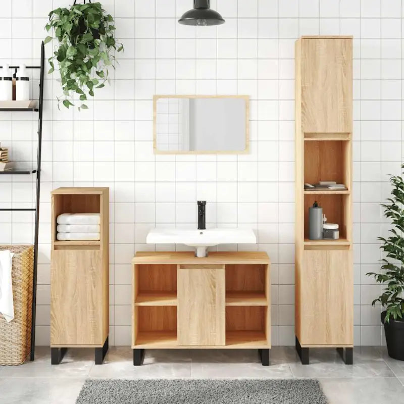 Badkamerkaptafel met ijzeren poten en bewerkt hout voor stijlvolle opbergruimte - Sonoma eiken / 1 - Badkamerkaptafels