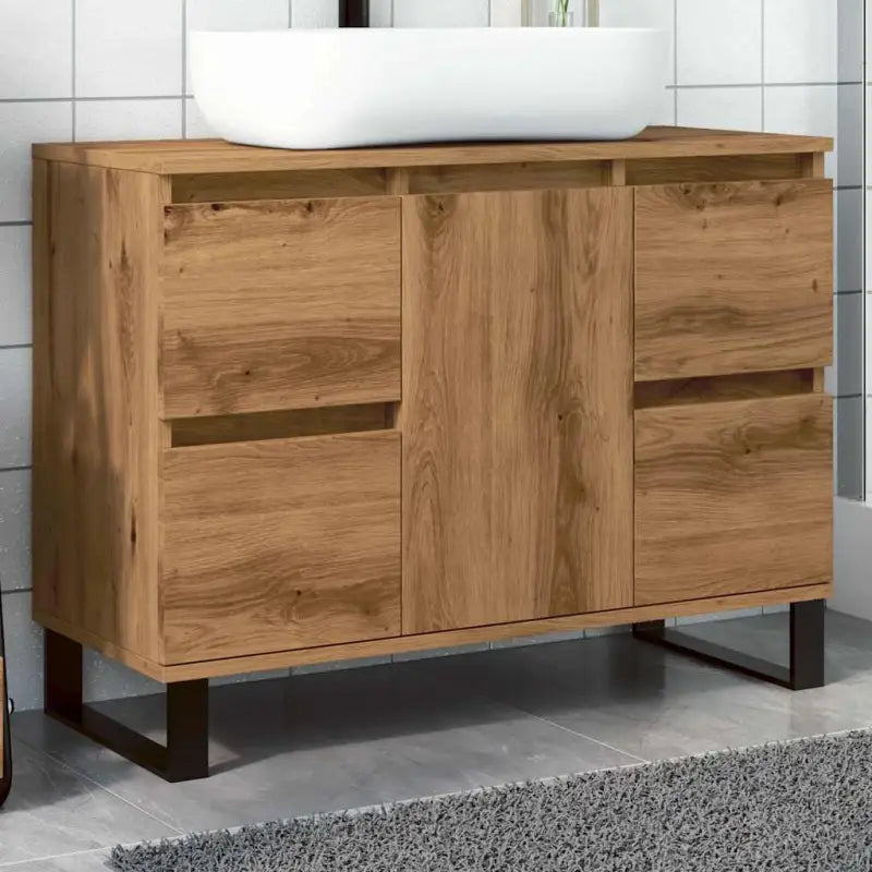 Badkamerkaptafel met ijzeren poten van bewerkt hout voor opbergruimte - artisanaal eikenkleurig / 1 - Badkamerkaptafels