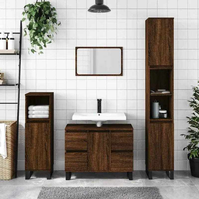 Badkamerkaptafel met ijzeren poten van bewerkt hout voor opbergruimte - bruin eikenkleur / 1 - Badkamerkaptafels
