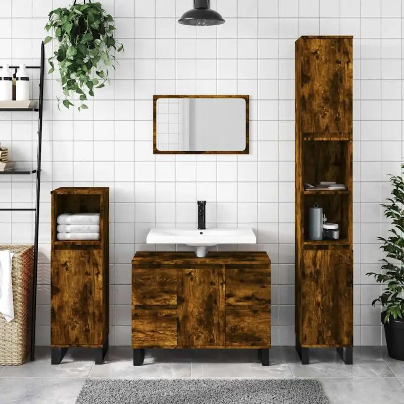 Badkamerkaptafel met ijzeren poten van bewerkt hout voor opbergruimte - Gerookt eiken / 1 - Badkamerkaptafels