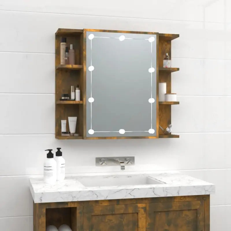 Badkamerkaptafel met LED en bewerkt hout voor een nette make-up opbergplek - Gerookt eiken / 1 - Badkamerkaptafels