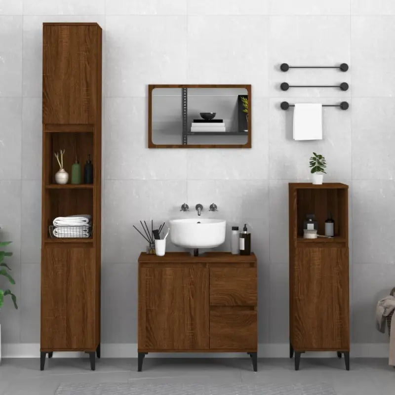 Badkamerkaptafel met metalen poten en bewerkt hout voor opbergruimte - bruin eikenkleur / 1 - Badkamerkaptafels
