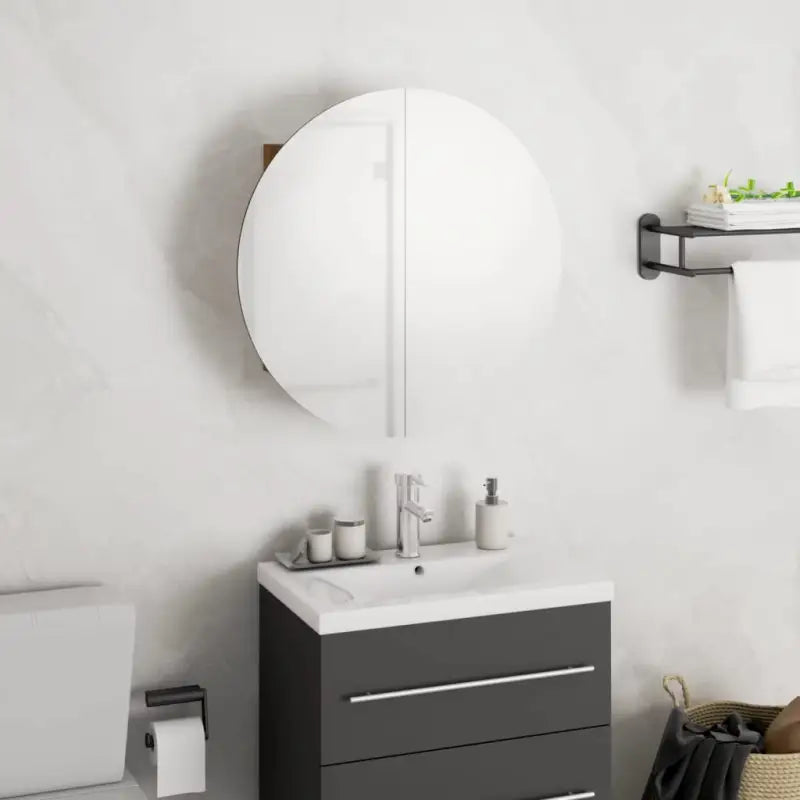 Badkamerkaptafel met ronde spiegel LED verlichting en bewerkt hout - Bruin / 40 x 40 x 17.5 cm / 1 - Badkamerkaptafels