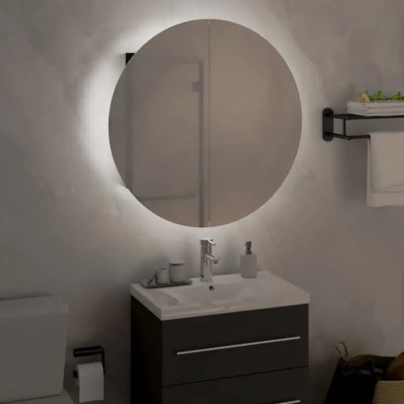 Badkamerkaptafel met ronde spiegel LED verlichting en bewerkt hout - Badkamerkaptafels