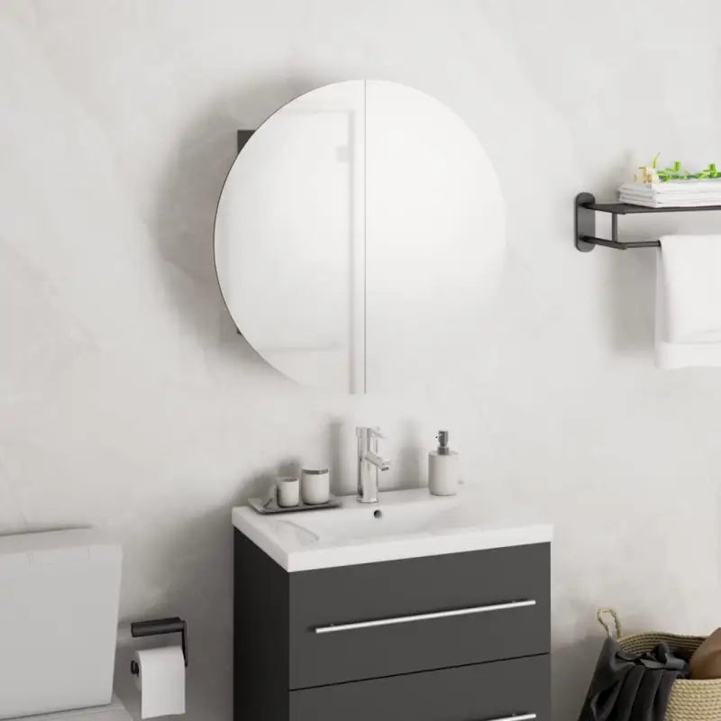 Badkamerkaptafel met ronde spiegel LED verlichting en bewerkt hout - Grijs / 40 x 40 x 17.5 cm / 1 - Badkamerkaptafels