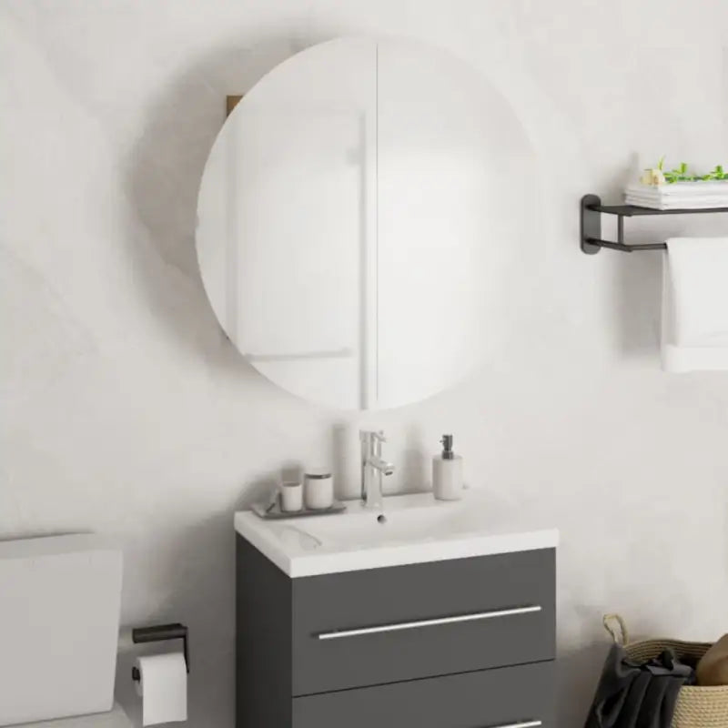 Badkamerkaptafel met ronde spiegel LED verlichting en bewerkt hout - Badkamerkaptafels