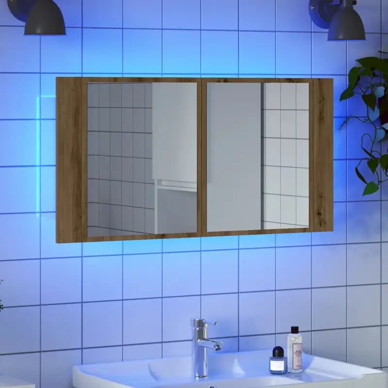 Badkamerkaptafel met spiegel en kleurveranderende LED verlichting - artisanaal eikenkleurig / 1 - Badkamerkaptafels