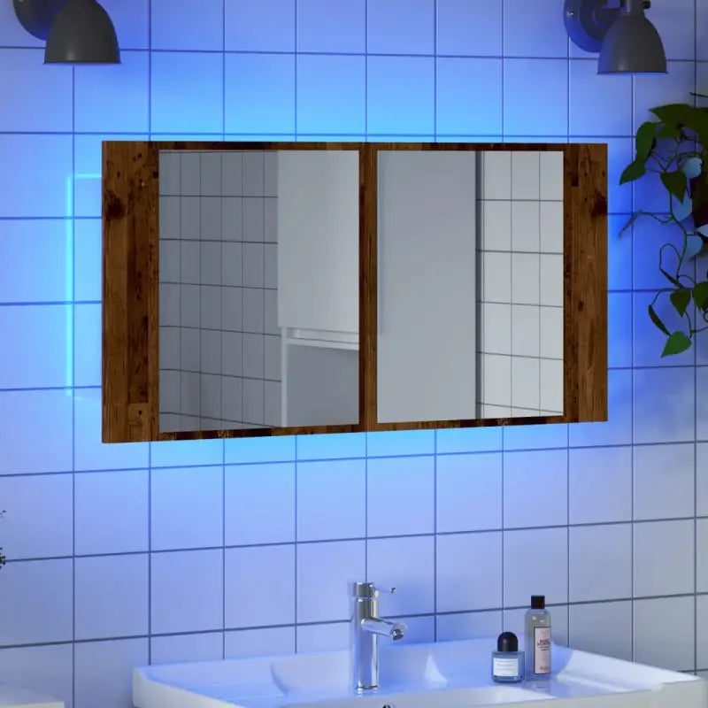 Badkamerkaptafel met spiegel en kleurveranderende LED verlichting - Oud hout / 1 - Badkamerkaptafels