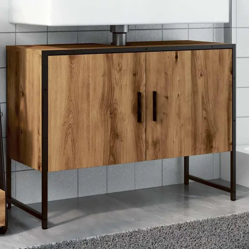 Badkamerkaptafel met stevige constructie en bewerkt hout - artisanaal eikenkleurig / 1 / 80 cm - Badkamerkaptafels