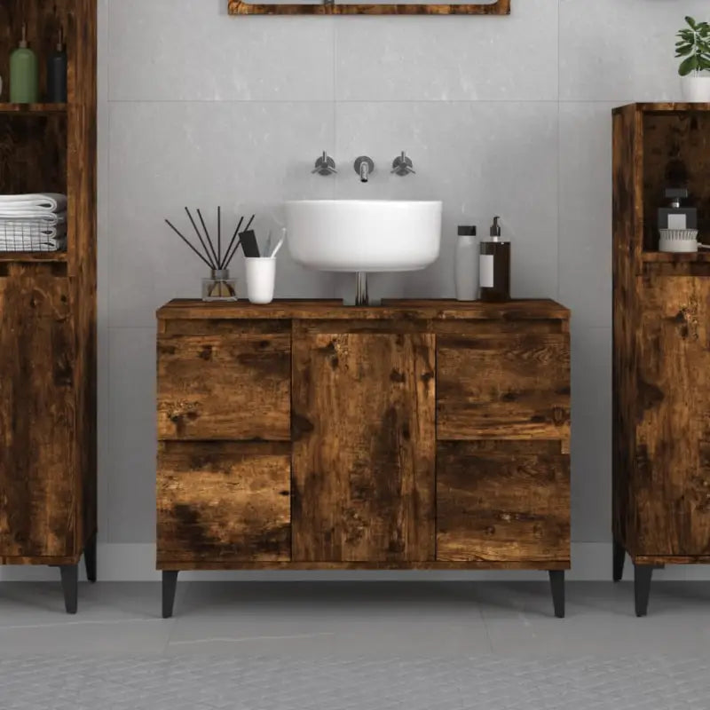 Badkamerkaptafel van bewerkt hout met veel opbergruimte - Gerookt eiken / 1 - Badkamerkaptafels