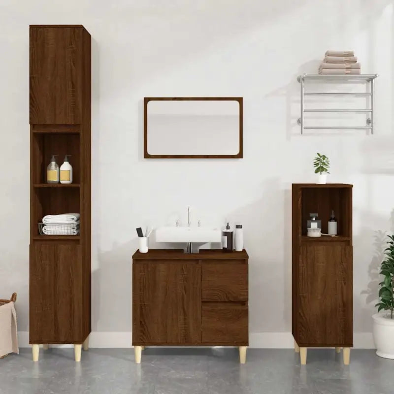 Badkamerkaptafel van massief eucalyptushout met veel opbergruimte - bruin eikenkleur / 1 - Badkamerkaptafels