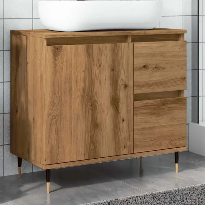Badkamerkaptafels in grijs Sonoma met ijzeren poten en bewerkt hout - artisanaal eikenkleurig / 1 - Badkamerkaptafels